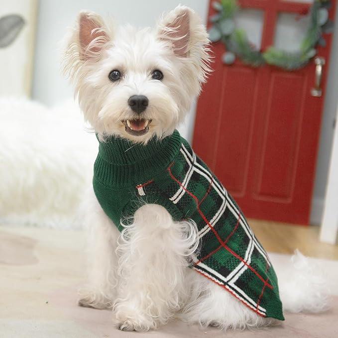 PUPTECK Dog Sweaters for Large Medium Small Dogs - Fall Classic Plaid Style Puppy Holiday Winter Coat Clothes Warm, Green, XL