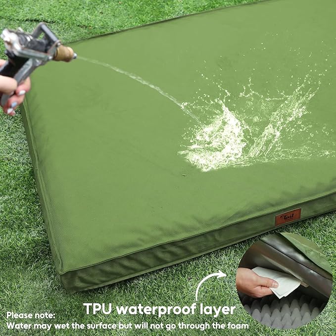 Outdoor Dog Bed for Small Dogs & Cats, Waterproof Dog Crate Mat Orthopedic Egg Crate Foam with Washable Removable Oxford Cover, Light Green