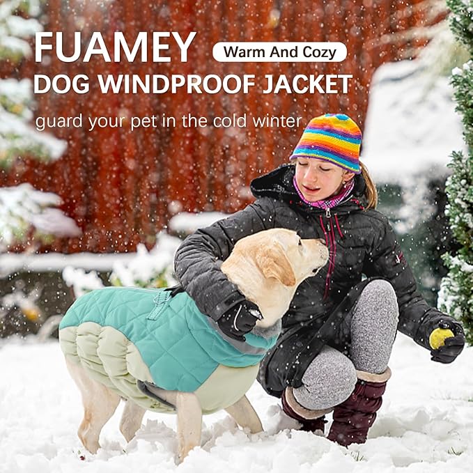 FUAMEY Dog Coat for Large Dogs,Waterproof Dog Winter Jacket with Harness Built in Puppy Cold Weather Coats Reflective Pet Vest with Zipper Warm Fleece Dogs Snowsuit Windproof Mint Green XXL
