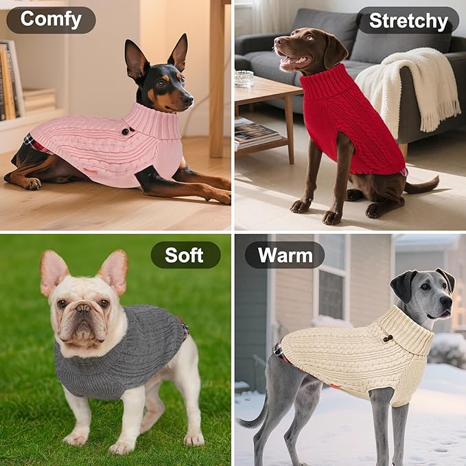 KYEESE Dog Sweater Comfy Pet Coat for Fall Winter Cold Weather Stretchy Knitwear Cat Clothes Warm Turtleneck Small Dogs Sweater with Gingham Patchwork Soft Pullover Dog Sweaters for Small Dogs Girl