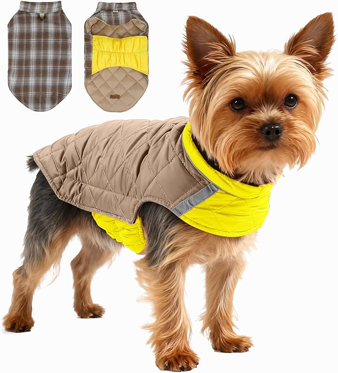 Quilted Dog Winter Coat, Plaid Lined Reversible Vest, Reflective Safety Strip, Cold Weather Pet Apparel Yellow M