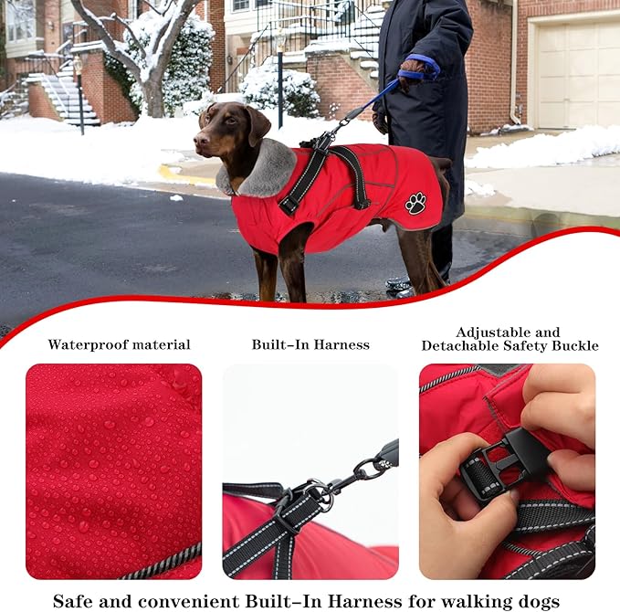 Doglay Dog Jacket Waterproof Dog Coat with Harness Built in, Christmas Puppy Winter Coat Reflective Turtleneck Puffer Snow Jackets for Small Medium Large Dogs
