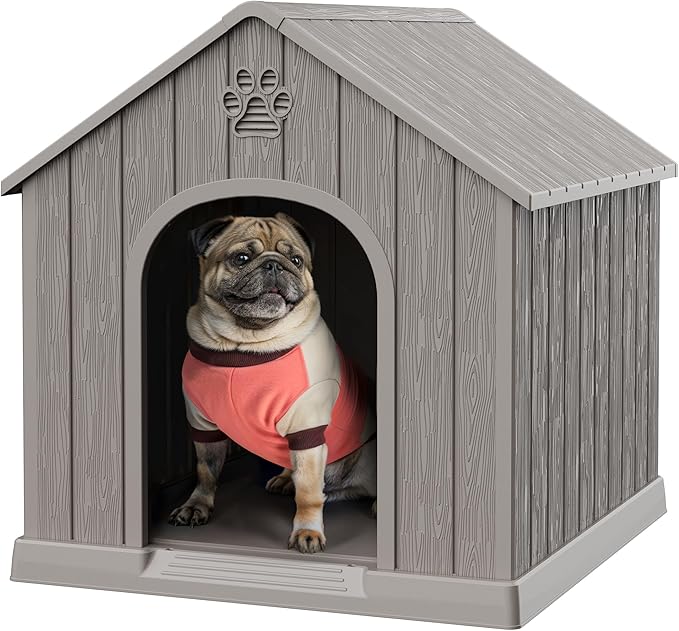 Dog House Outdoor Indoor, Plastic Small Dog House-Weatherproof & Insulated Design with Air Vents & Elevated Floor for Small to Medium Dogs, Easy Clean and Assemble (Grey)