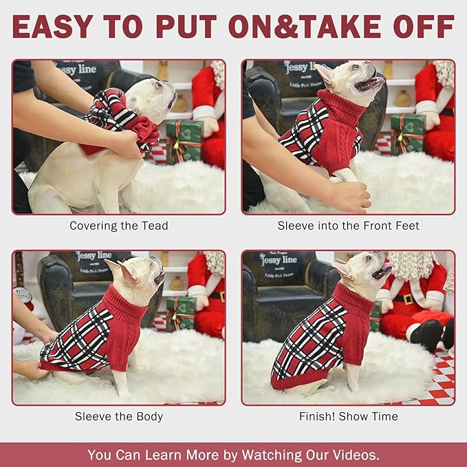 SCENEREAL Turtleneck Dog Sweater for Small Medium Large Dogs Girls Boys, Christmas Plaid Pullover Puppy Sweatershirt, Dogs Cold Weather Outfit Clothes, Ideal Gift for Pet in New Year, Red Plaid SM