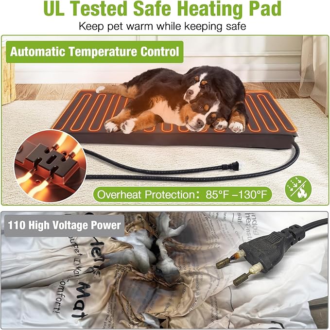 GUTINNEEN Heated Dog House Outdoor Dog Kennel with Safe Heated Pad, Chew-Proof Metal Frame and Rotating Food Bowl for Small to Medium Dogs, 44.6" L x 41.1" W x 32.9“H (Brown)