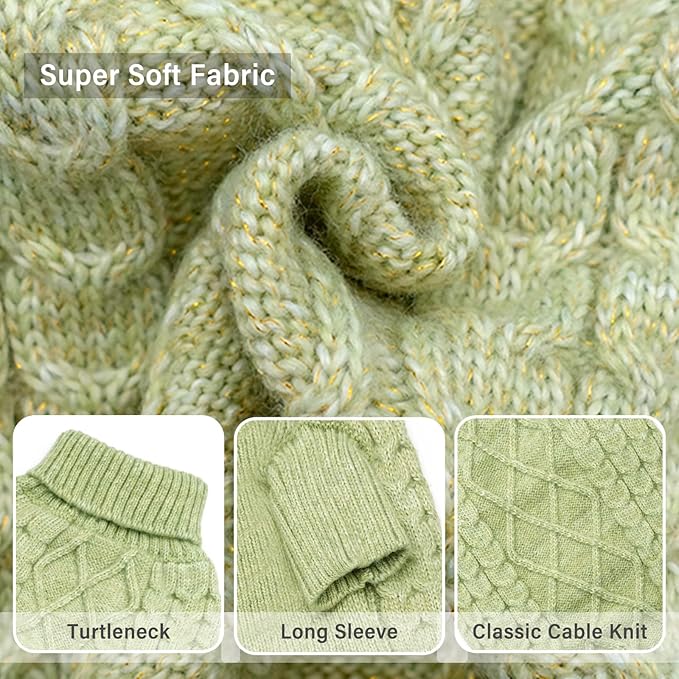 KYEESE Dog Sweater Soft Pet Coats, Long Sleeve Medium Pet Sweater with Classic Cable Knit Warm Dog Clothes Turtleneck Pet Sweater for Medium Dogs, Green, XX-Large