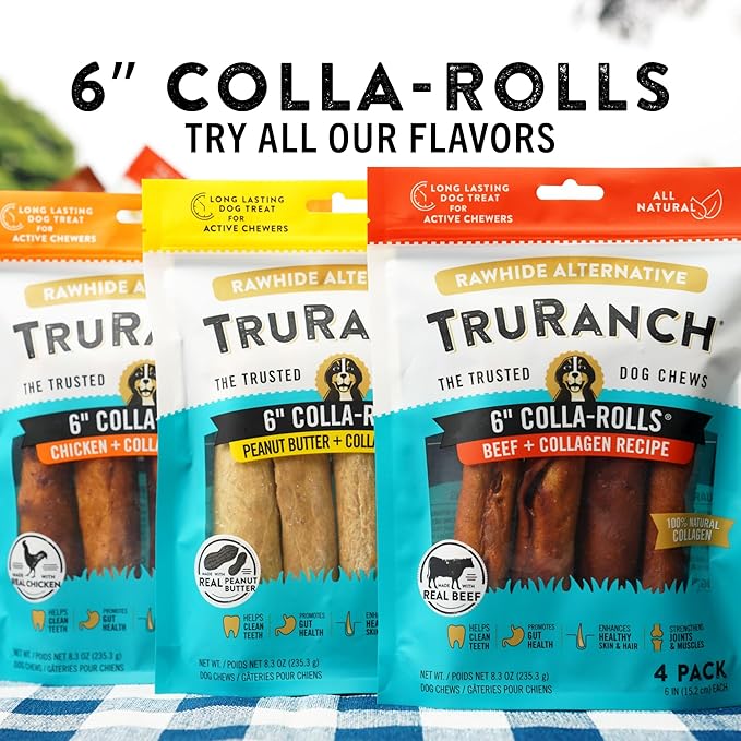 TRURANCH Collagen Rolls - 6" Collagen Rolls for Dogs - Long Lasting Healthy Joint Support Dog Treat - Rawhide Alternative - Skin & Coat Health - Made with Real Beef, 1 Bag, 4 Count
