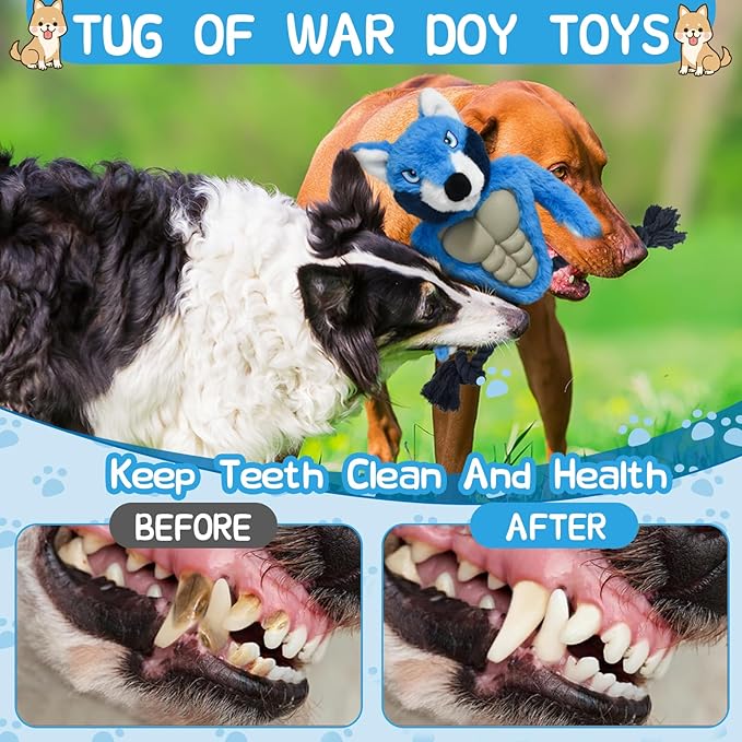 Muscle Wolf Dog Toy – Durable Plush with Rubber Chest & Rope Legs, Squeaky Tug Toy for Medium & Large Dogs, Built for Tough Play, 14.1 Inch Interactive Chew Toy