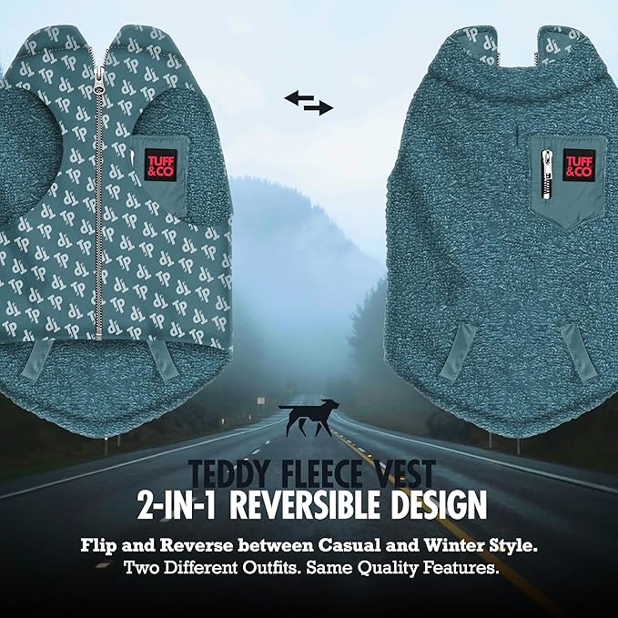 Tuff Pupper Reversible Fleece Sweater Vest for Dogs | Lightweight Comfortable Insulated Jacket | Front Zip Closure | Machine Washable | Built-in Leash Hole | Sizes for All Breeds (Medium, Teal)