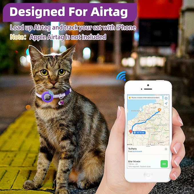 PUPTECK Airtag Cat Collar Breakaway 2 Pack with Bells, Reflective Kitten Collar with Air Tag Holder for Boy Girl Kitty and Puppies, Soft, Orange & Purple