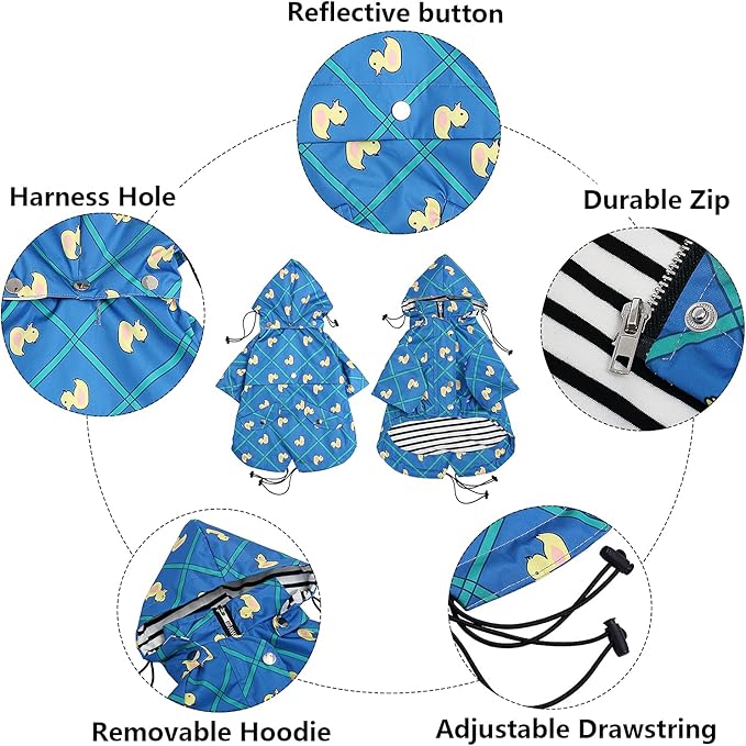Morezi Dog Zip Up Raincoat with Reflective Buttons, Rain/Water Resistant, Adjustable Drawstring, Removable Hood, Raincoats with Legs 8lbs to 80lbs Available - Grid Blue - XXL