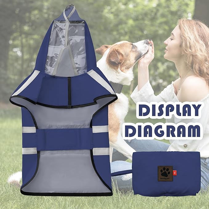 Dog Raincoat, Adjustable Rain Jacket with Hooded Double Layer for Large Medium Small Dogs Puppies, Lightweight Waterproof Rain Coat Poncho with Reflective Stripe Navy,S