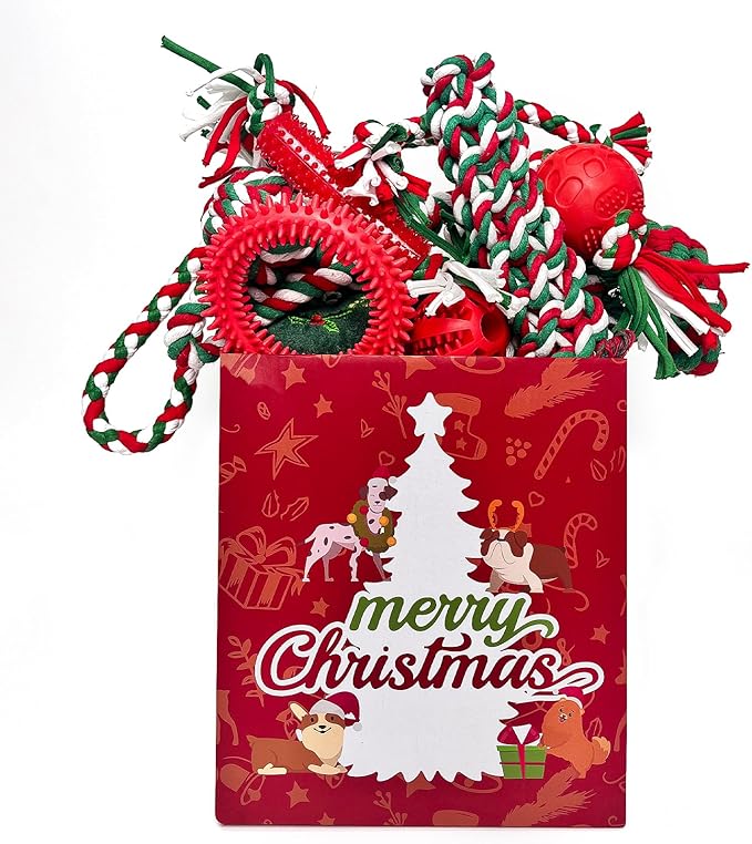 EXPAWLORER Christmas Dog Toys Bulk 15 Pack Set - Puppy Xmas Toys Gift Box for Teething, Durable Squeaky Rope Ball Toy, Indestructible Rubber Chew Toy, Interactive for All Dogs Aggressive Chewers