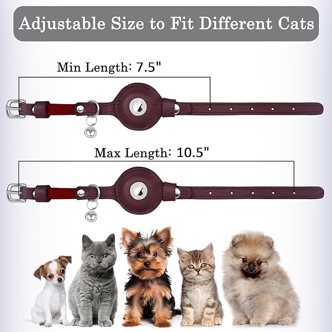 OOPSDOGGY Cat Collar for AirTag Holder, Leather Kitten Collars with Elastic Strap & Bell, Non Breakaway Adjustable Small Pet Collars for Indoor & Outdoor for Boy, Girl (Burgundy)
