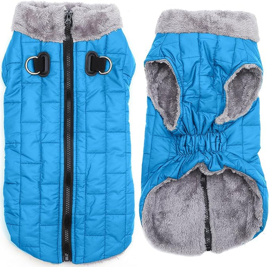 Warm Fleece Dog Coats with Durable Harness Buitl in D-Ring,Waterproof Puppy Jacket for Small Dogs,Dog Vest for Cold Winter,Light Blue XS