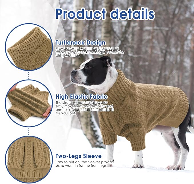 Queenmore Dog Sweaters for Medium Dogs Girls Boys,Soft Dog Sweater Christmas,Turtleneck Pullover Pet Sweaters Knitwear Outfit for Holiday,Knitted Soft Thick Warm Sweater for Bulldog,Dachshund(Camel,M)