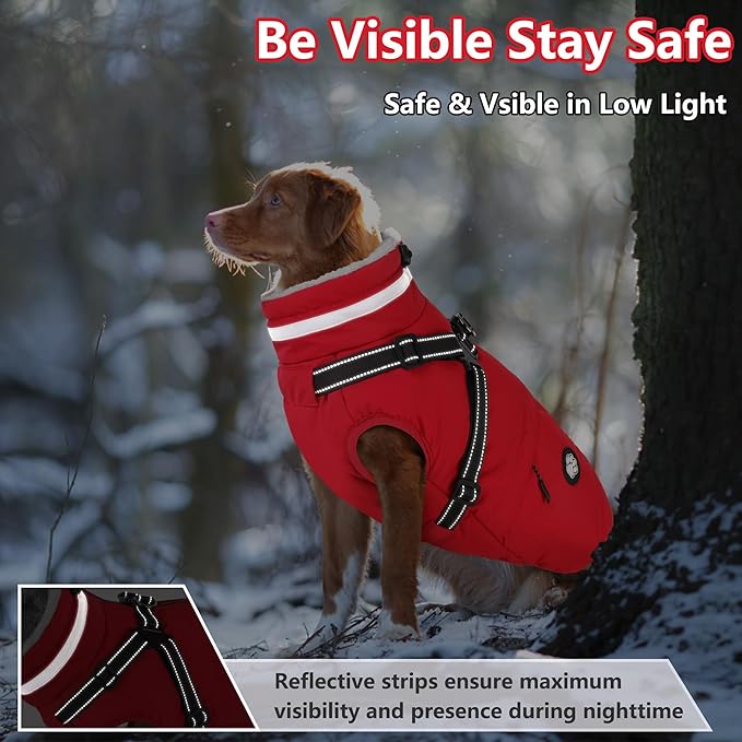 Dogcheer Dog Coat with Harness, Waterproof Dog Jacket, Christmas Puppy Winter Coat with Pocket, Reflective Doggy Turtleneck Puffer Vest for Small Medium Large Dogs - Red, M