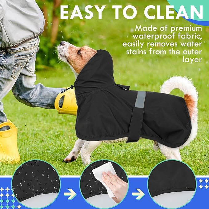 MIGOHI Dog Rain Coat, Hooded Rain Jacket for Dog | Adjustable Hood and Hind Leg Straps Dogs Rain Coat, Reflective Strap for Night Walking, Black, XL
