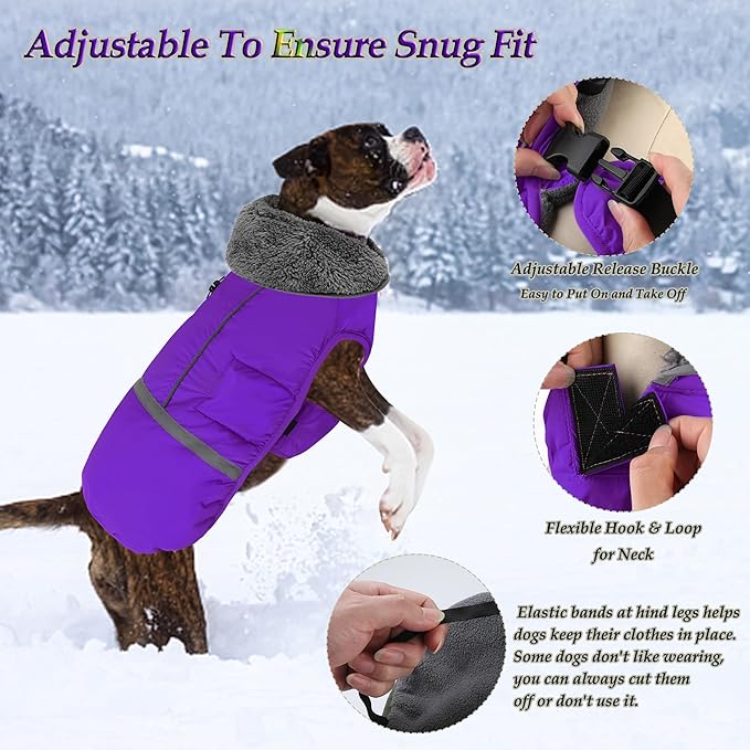 Dogcheer Warm Dog Coat, Christmas Dog Jacket Waterproof Puppy Winter Coat with Buckles, Reflective Adjustable Pet Snow Jacket Turtleneck Fleece Sweater for Small Medium Large Dogs - Purple, 2XL