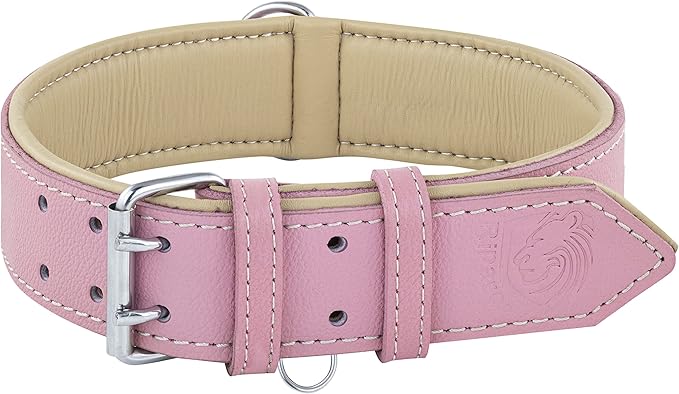 Riparo Genuine Leather Pink Dog Collar Heavy Duty K-9 Adjustable Dog Collar (L: 1.5" Wide for 17"-21" Neck, Pink)