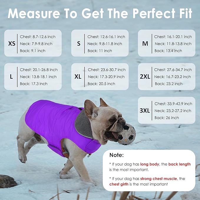 Dog Winter Coat, Waterproof Dog Jacket with Leash Hole, Reflective Adjustable Pet Snow Vest, Warm Fleece Sweater for Small Medium Large Dogs - Purple, XS