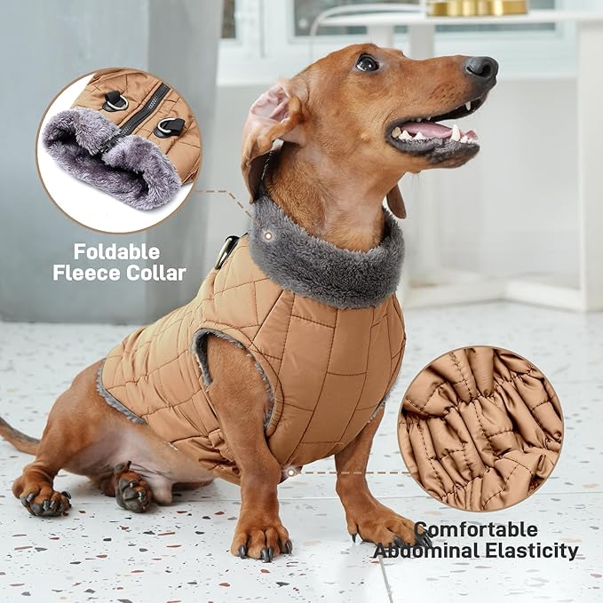 Warm Fleece Dog Coats with Durable Harness Buitl in D-Ring,Waterproof Puppy Jacket for Small Dogs,Dog Vest for Cold Winter,Burnished Khaki S