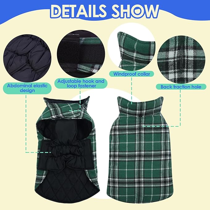 MIGOHI Reversible Winter Jacket for Dogs, Windproof Waterproof Coat for Cold Weather, British Style Plaid Warm Vest for Small Medium Large Dogs, Green 3XL