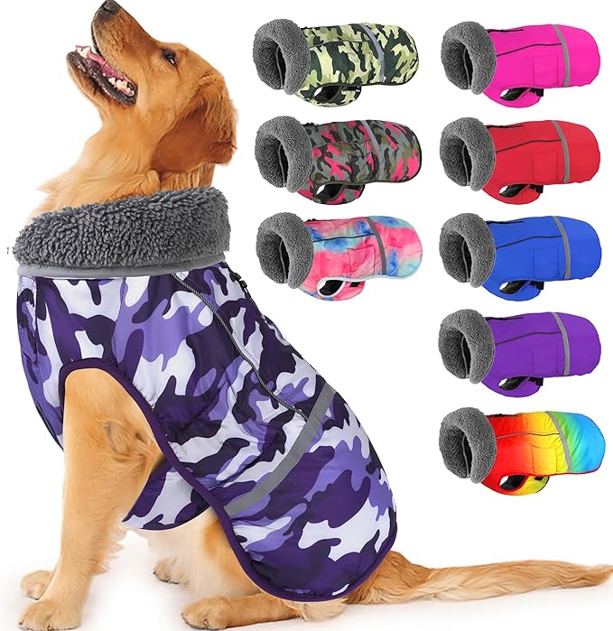 Dogcheer Warm Dog Coat, Waterproof Dog Jacket Christmas Puppy Winter Coat with Buckle, Reflective Adjustable Pet Snow Jacket Turtleneck Fleece Sweater for Small Medium Large Dogs - Camo Purple, M