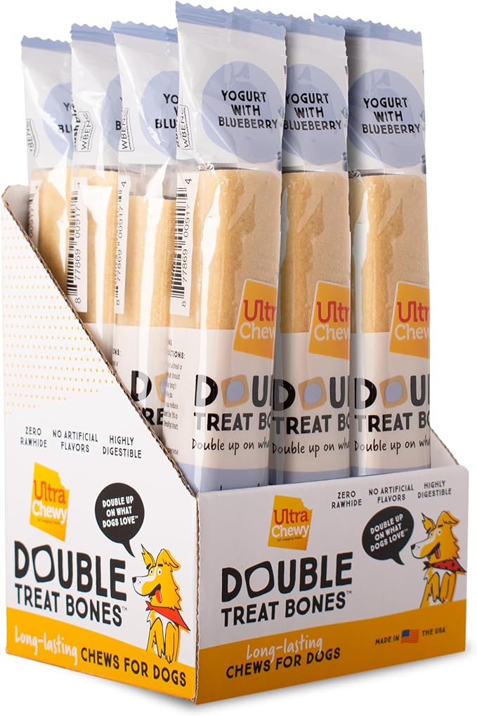 Ultra Chewy Yogurt with Blueberry Double Treat Bones: Long-Lasting Dog Treats Made in USA for Large and Small Breeds, Highly Digestible (12 Count)