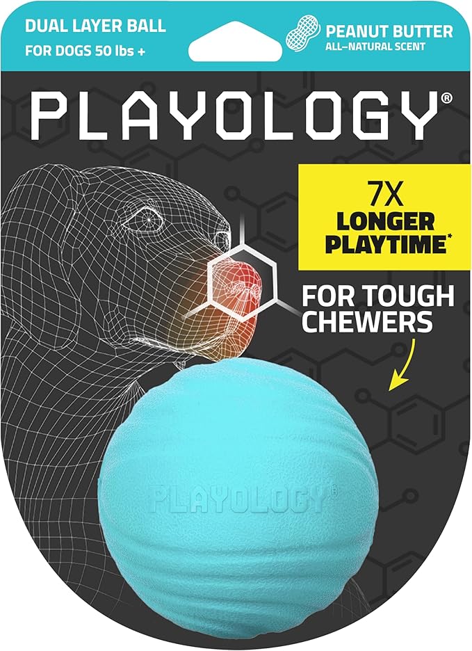 Playology Dog Toys | Dual Layer Ball Durable Chew Toy for Aggressive Chewers | Jumbo Peanut Butter Scented Toy - Easy to Clean and Made from Non Toxic Materials