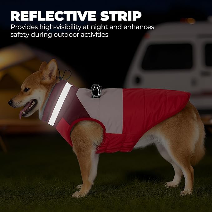 Dog Coat, Waterproof Dog Winter Coats for Small Dogs, Reflective Dogs Jacket with Harness Built in, Zip-up Cold Weather Coats Pet Vest Turtleneck Doggy Snowsuit, Red Medium