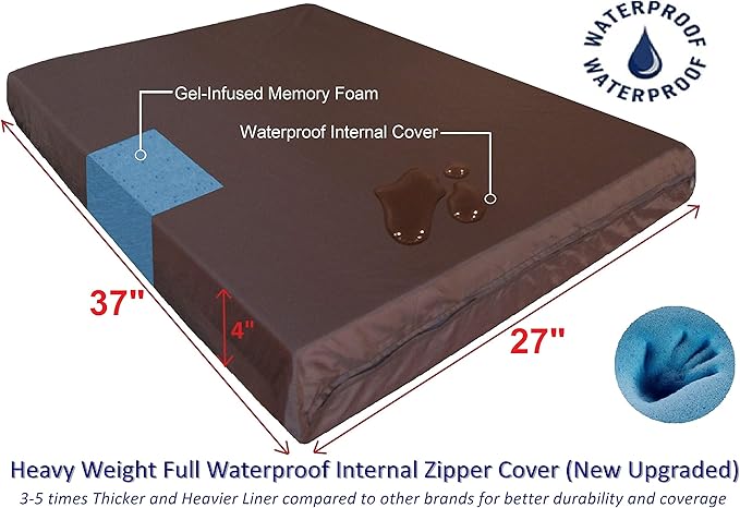 Dogbed4less Orthopedic Gel Memory Foam Pet Dog Bed, Waterproof Liner with External Microsuede Cover and Bonus Antislip Cover (Microsuede Gray, 37"X27"X4" Inches)