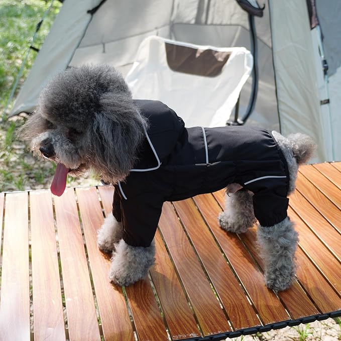 LOVELONGLONG Fleece-Lined Dog Raincoat with Removable Hood – Waterproof Winter Full Body Dog Jacket – Windproof Snowproof Cold-Weather Suit – Black-F 4XL