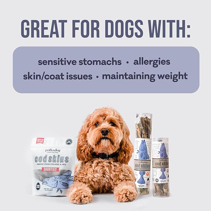 Polkadog Cod Skins for Dogs (2oz Shortie) - Single Ingredient, Wild-Caught Fish Skin Dog Treats for All Breeds – High in Lean Protein & Omega-3. Hypoallergenic, Grain Free. Handcrafted & Made in USA