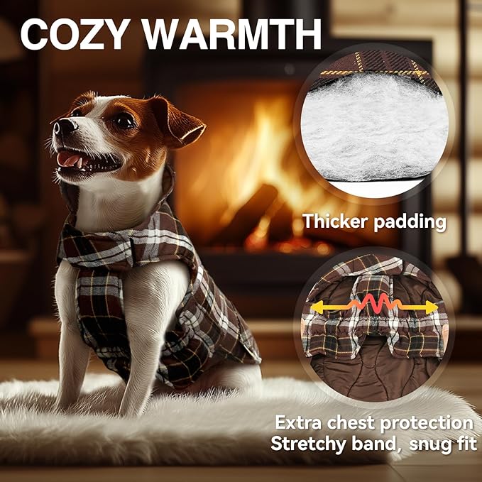 VIVAGLORY Softjoy Dog Coat, Dog Jacket for Winter & Christmas, Coat with Harness Hole & Velcro Closure, Reversible Plaid Checkered Warm Fluffy Heavy Duty for Puppy, XS, Coffee