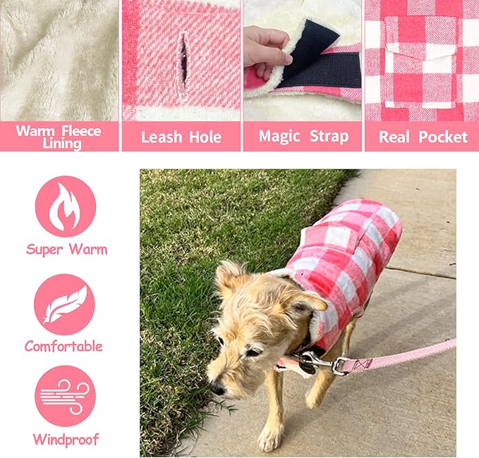 Malier Classic Plaid Fleece Dog Coat Jacket with Pocket, Windproof Warm Vest Winter Pet Clothes Apparel for Small Medium Large Dogs (Pink, XXX-Large)