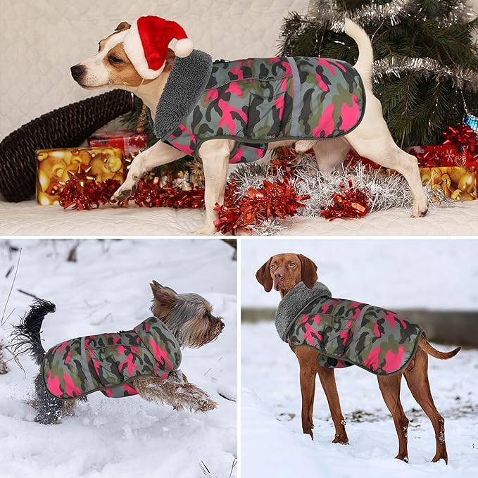 Dogcheer Warm Dog Coat, Waterproof Dog Jacket Reflective Adjustable Puppy Winter Coat with Buckle, Christmas Pet Snow Jacket Turtleneck Fleece Sweater for Small Medium Large Dogs - Camo Pink, 2XL