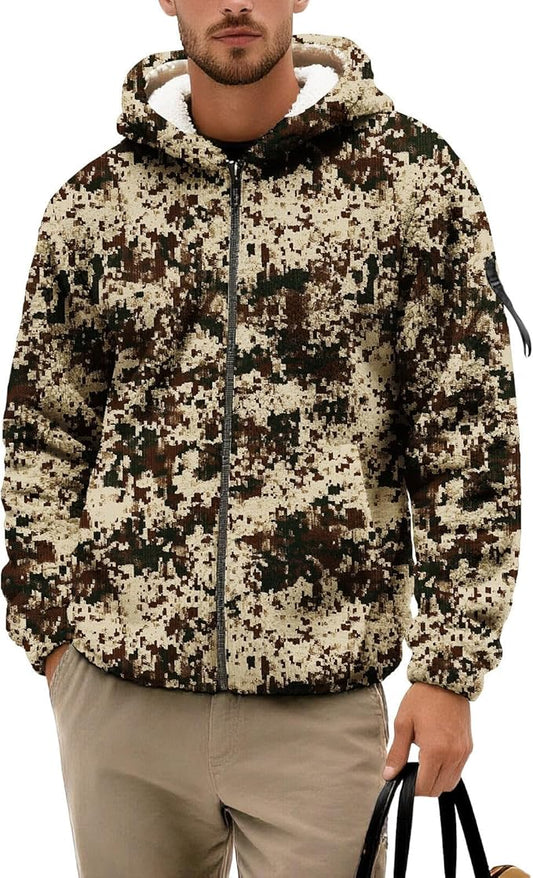 Men's Camouflage Hunting Fleece Lined Hoodie Camo Jackets Zip Up Long Sleeve Casual Winter Coats Hood Outerwear