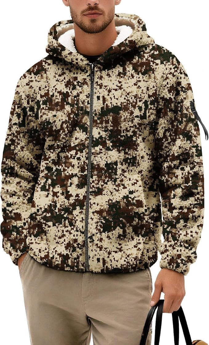 Men's Camouflage Hunting Fleece Lined Hoodie Camo Jackets Zip Up Long Sleeve Casual Winter Coats Hood Outerwear