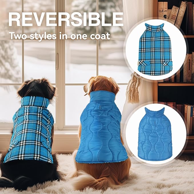 VIVAGLORY Softjoy Dog Coat, Dog Jacket for Winter & Christmas, Coat with Harness Hole & Velcro Closure, Reversible Plaid Checkered Warm Fluffy Heavy Duty for Puppy, XS, Blue