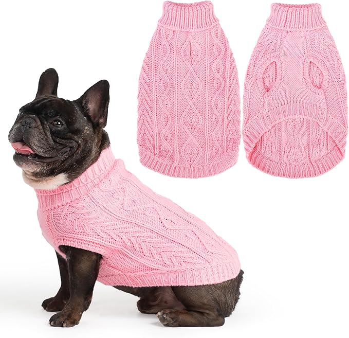 PUPTECK Dog Sweater, Turtleneck Warm Knitted Pullover Coat, Thick Cable Knitwear Clothes in Winter, Pet Apparel Outfits for Small Medium Dogs, for Cold Weather Indoor & Outdoor, Pink XS