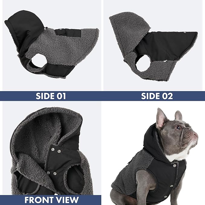 Spark Paws Reversible Dog Sweater, Sherpa Vest with Warm Fleece Lining, Warm Coat for Winter, Suitable for Small Medium, Large, XL XXL Dogs - Black and Grey - S