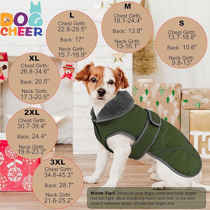 Dogcheer Dog Coat, Waterproof Dog Jacket Reflective Pet Winter Coat with Adjustable Hook & Loop, Christmas Puppy Fleece Jacket Warm Turtleneck Snowsuit for Small Medium Large Dogs - Green, L
