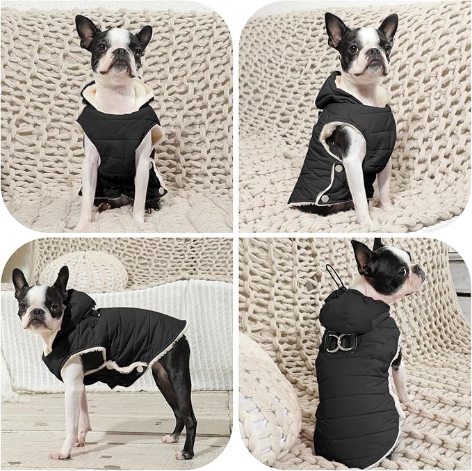 Fleece Lining Dog Hoodie with Harness Built in,Extra Warm Medium Dog Jacket in Winter Doggie Coats with Drawstring Hooded,Black L