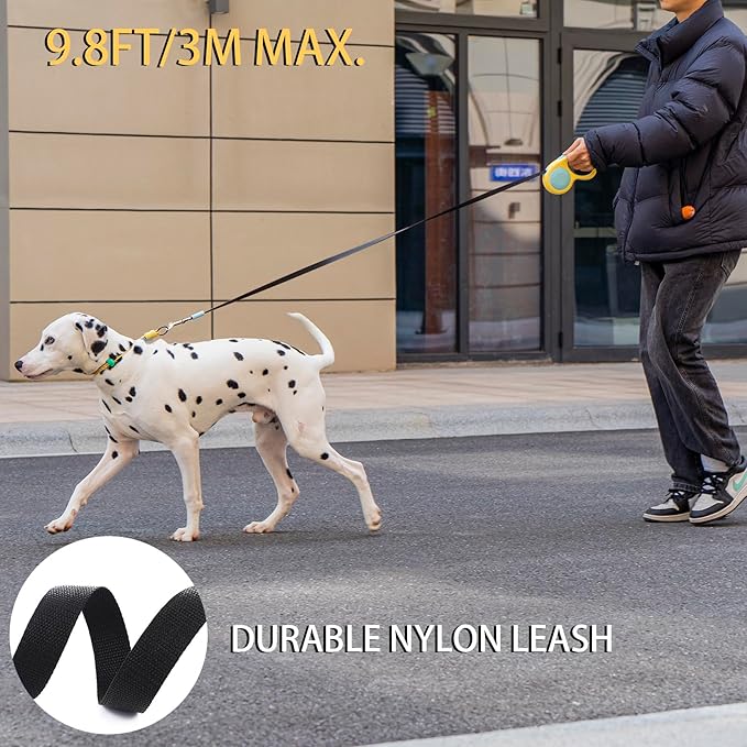 JSXD 360° Tangle-Free Retractable Dog Leash with One-Handed Brake, Pause, Lock, 10 ft Strong Nylon Tape Pet Walking Leash,Suitable for Cats, Small and Medium Dogs up to 66 lbs (Yellow, 10 ft)