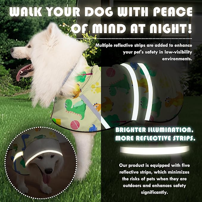 Dog Raincoat, Adjustable Rain Jacket with Hooded Double Layer for Large Medium Small Dogs Puppies, Lightweight Waterproof Rain Coat Poncho with Reflective Stripe Dinosaurs Yellow,M