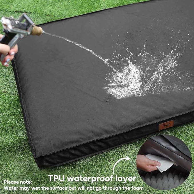 Outdoor Extra Large Dog Crate Bed, XXL Waterproof Dog Bed for Giant Breeds Dogs, 47x29 Inch Orthopedic Egg Crate Foam Pet Mat with Removable Cooling Cover, Black