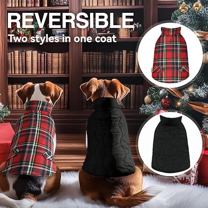 VIVAGLORY Softjoy Dog Coat, Dog Jacket for Winter & Christmas, Coat with Harness Hole & Velcro Closure, Reversible Plaid Checkered Warm Fluffy Heavy Duty for Puppy, XS, Red