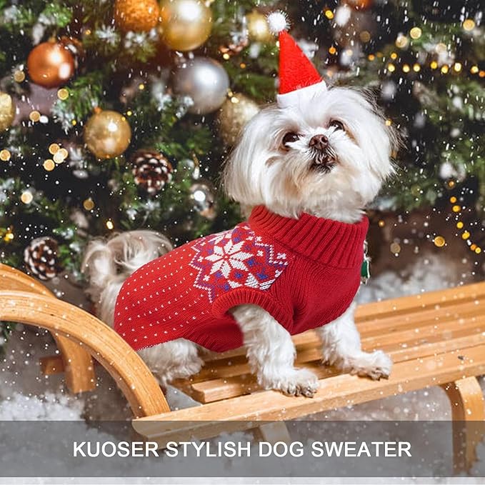 Kuoser Dog Sweater, Holiday Christmas Snowflake Pet Warm Knitwear Dog Sweaters Soft Puppy Clothing, Doggie Turtleneck Cold Weather Outfit Pullover for Small Medium Large Dogs Cats, Red L