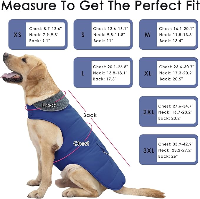 Dog Coat, Waterproof Dog Winter Jacket with Pocket, Reflective Adjustable Pet Snow Vest, Warm Cozy Fleece Sweater for Small Medium Extra Large Dogs - Blue, M